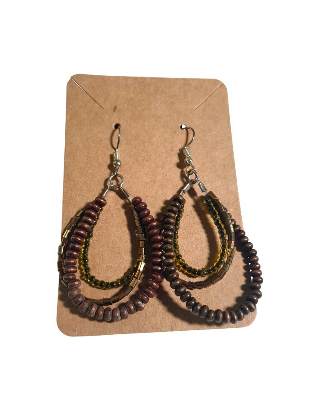 Handmade Beaded Teardrop Earrings Wood Glass Lightweight Hook Boho Jewelry Gift